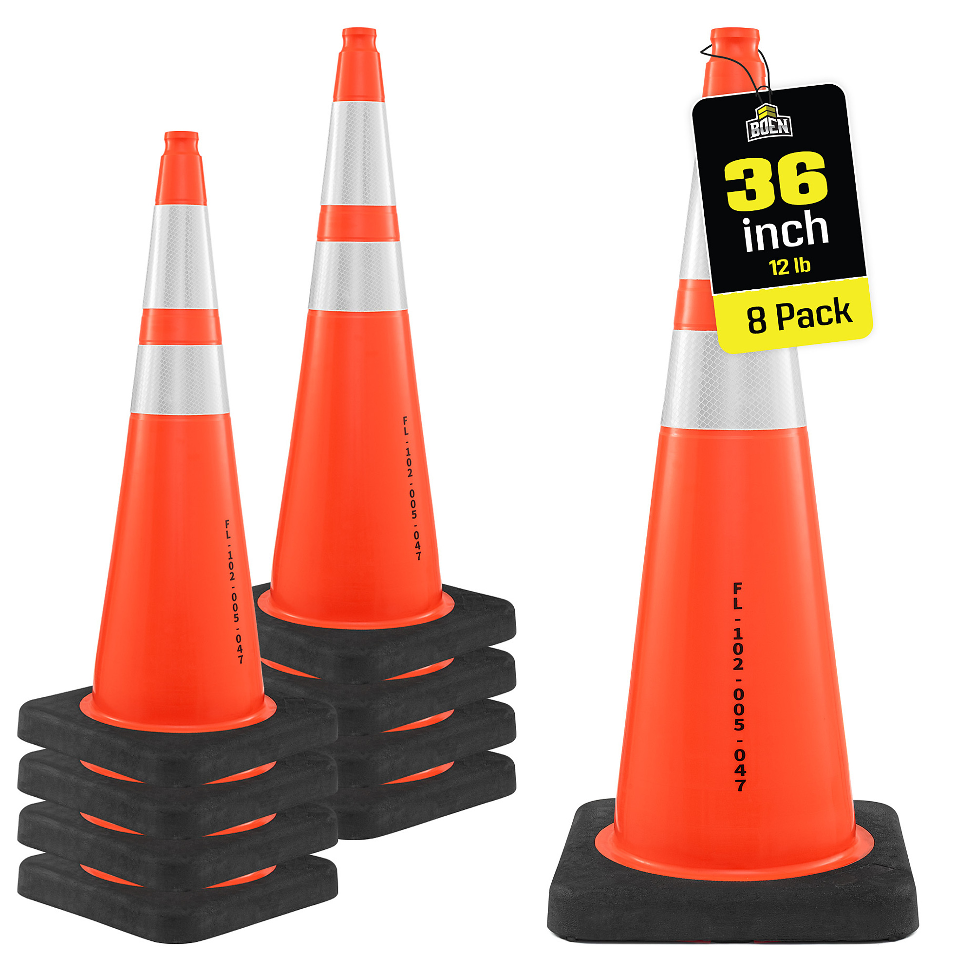 Boen 36 in, Orange Traffic Cones, 8-Pack, Florida DOT Approved MUTCD Compliant Traffic Cones with 2 Reflective Collars & 12 lb. Heavy-Duty Base for Road Work & Traffic Control